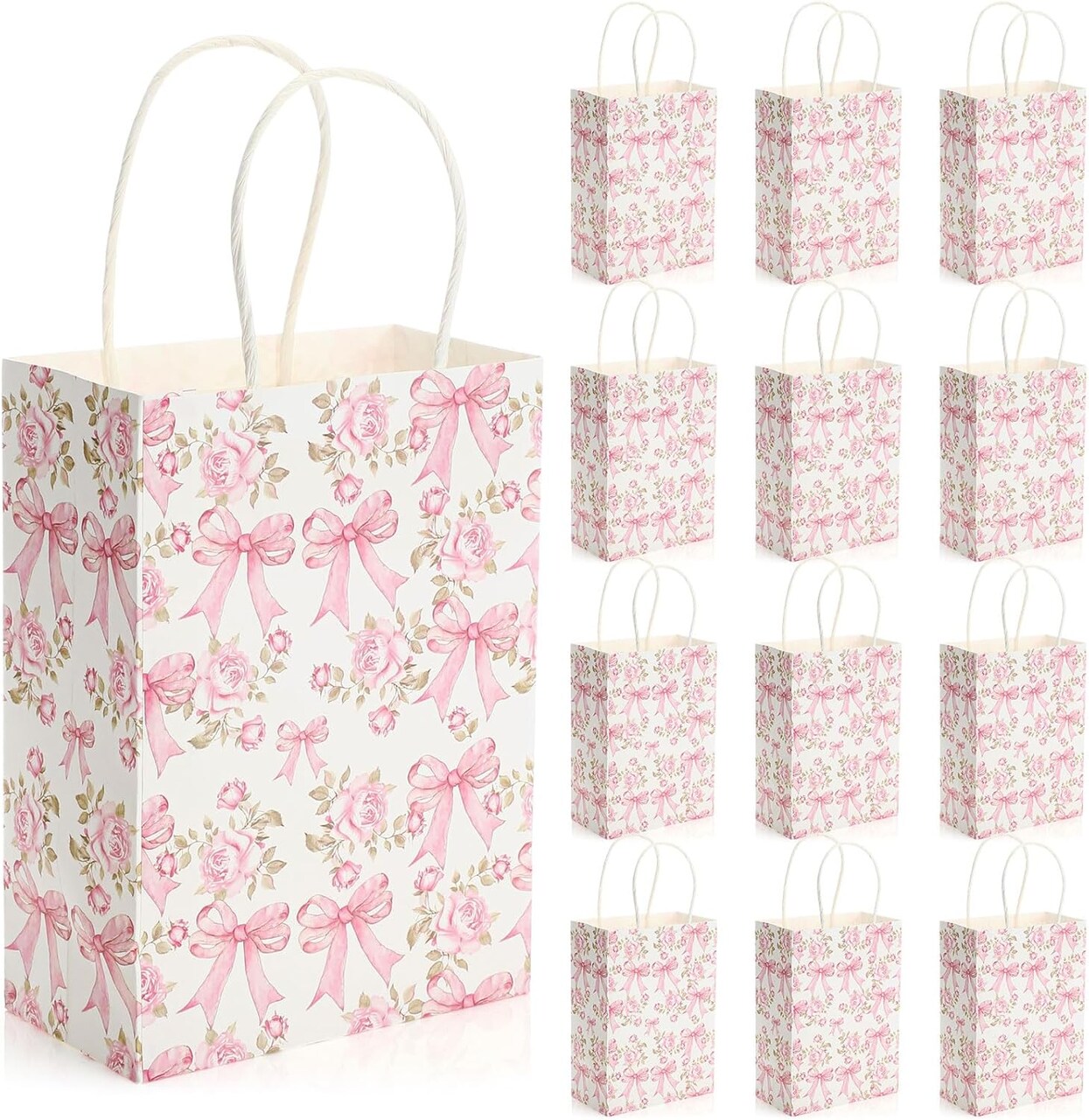 12 Pcs Coquette Pink Bow Flower Party Favor Bag Paper Pink Gift Goodie Candy Treat Bag Bulk with Handles for Birthday Bachelorette Decoration Bridal Baby Shower Party Supplies